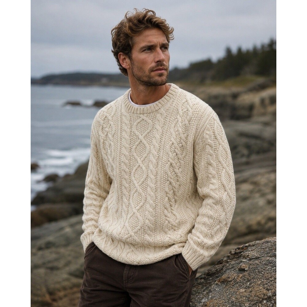 VTG J Crew Heavy Cream Wool Cableknit Aran Fisherman’s Sweater Men’s L Coastal